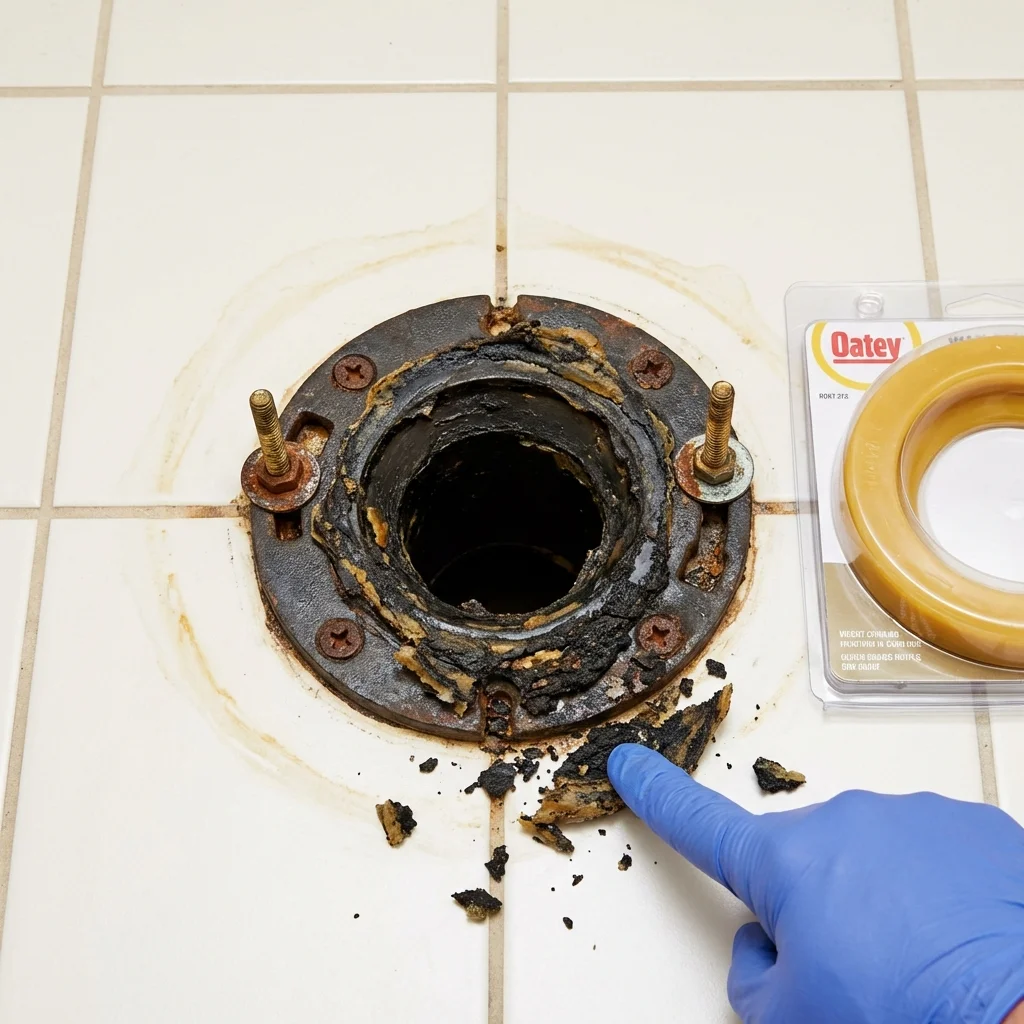 Failed wax ring showing water seepage at the base of a toilet in a Meridian, OK home