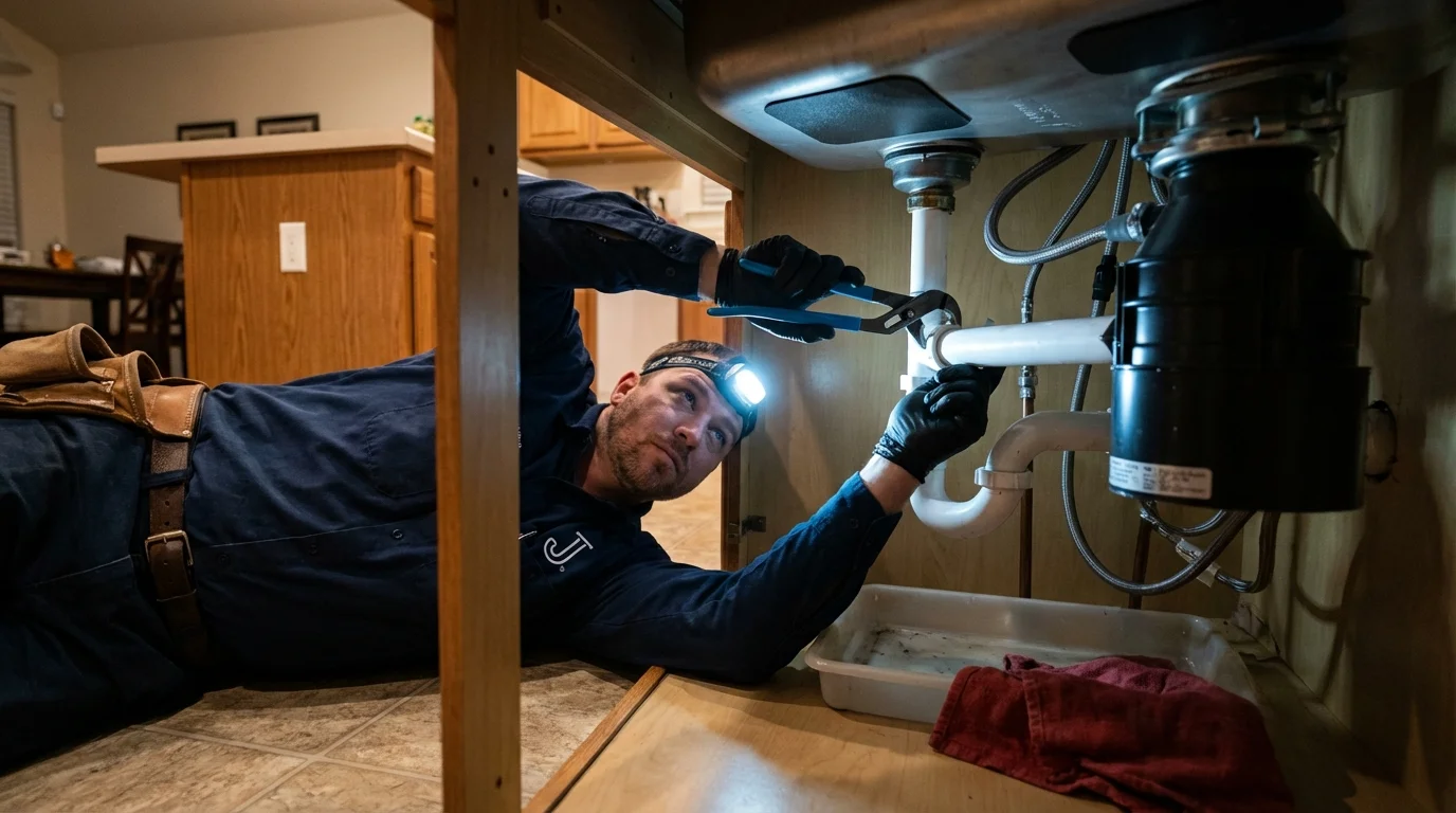 P-trap and supply line connections under a kitchen sink showing a common leak point in Meridian, OK
